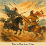 Duel at Shentiging Ridge - Khabar Asia Taishi Ci and Sun Ce clash on horseback amid swirling dust, blazing sunset skies, and raining arrows—a vivid, colorful depiction of their legendary fifty-exchange duel.