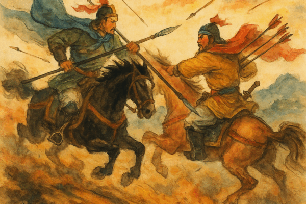 Chapter 15: Taishi Ci’s Drunken Duel with the “Little Overlord” — Sun Bofu’s Great Battle with Yan Baihu Taishi Ci and Sun Ce clash on horseback amid swirling dust, blazing sunset skies, and raining arrows—a vivid, colorful depiction of their legendary fifty-exchange duel.