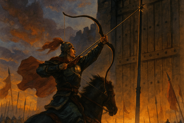 Chapter 16: Lü Bu’s Hurl at the Gate and Cao Mengde’s Defeat at the Yu River Lü Bu’s astonishing shot splitting the halberd twig at the camp gate, forcing both Liu Bei and Ji Ling’s armies to lay down their weapons.