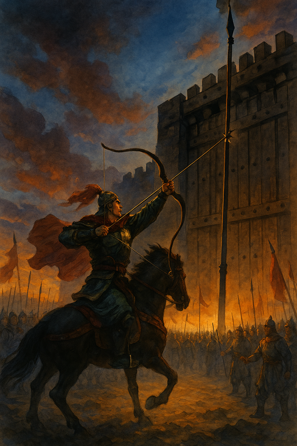 The Gate-Splitting Shot - Khabar Asia Lü Bu’s astonishing shot splitting the halberd twig at the camp gate, forcing both Liu Bei and Ji Ling’s armies to lay down their weapons.