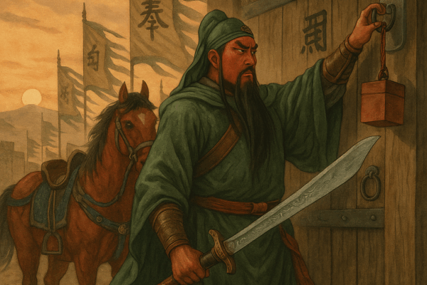 Chapter 26: Yuan Benchu’s Routed Army, Guan Yunzhang Hangs Up His Seal Guan Yu Hangs Up His Seal at Cao Caos Gate