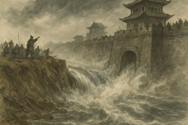 Chapter 32: Seizing Jizhou, Yuan Shang Contends; At Zhang River, Xu You Proffers a Stratagem The Breach of the Zhang River Flooding Jizhou