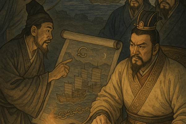 Chapter 47: Kan Ze Secretly Brings a Feigned Surrender Letter; Pang Tong Cleverly Teaches the Linked-Chain Strategy Pang Tong Presents the Linked-Chain Naval Strategy