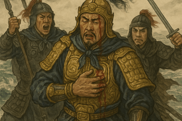Chapter 48: A Banquet on the Long River—Cao Cao Composes Poems; The Northern Army Employs Chained Warships Cao Cao Reciting Poetry on the Yangtze While Inspecting His Naval Forces