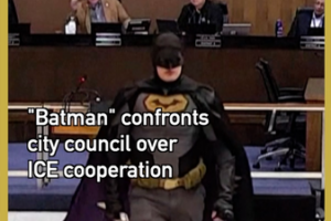 ‘Batman’ Protests ICE Cooperation Ahead of Santa Clara Super Bowl 2026 video poster