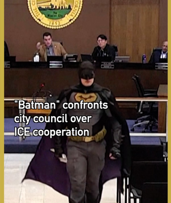 ‘Batman’ Protests ICE Cooperation Ahead of Santa Clara Super Bowl 2026 video poster